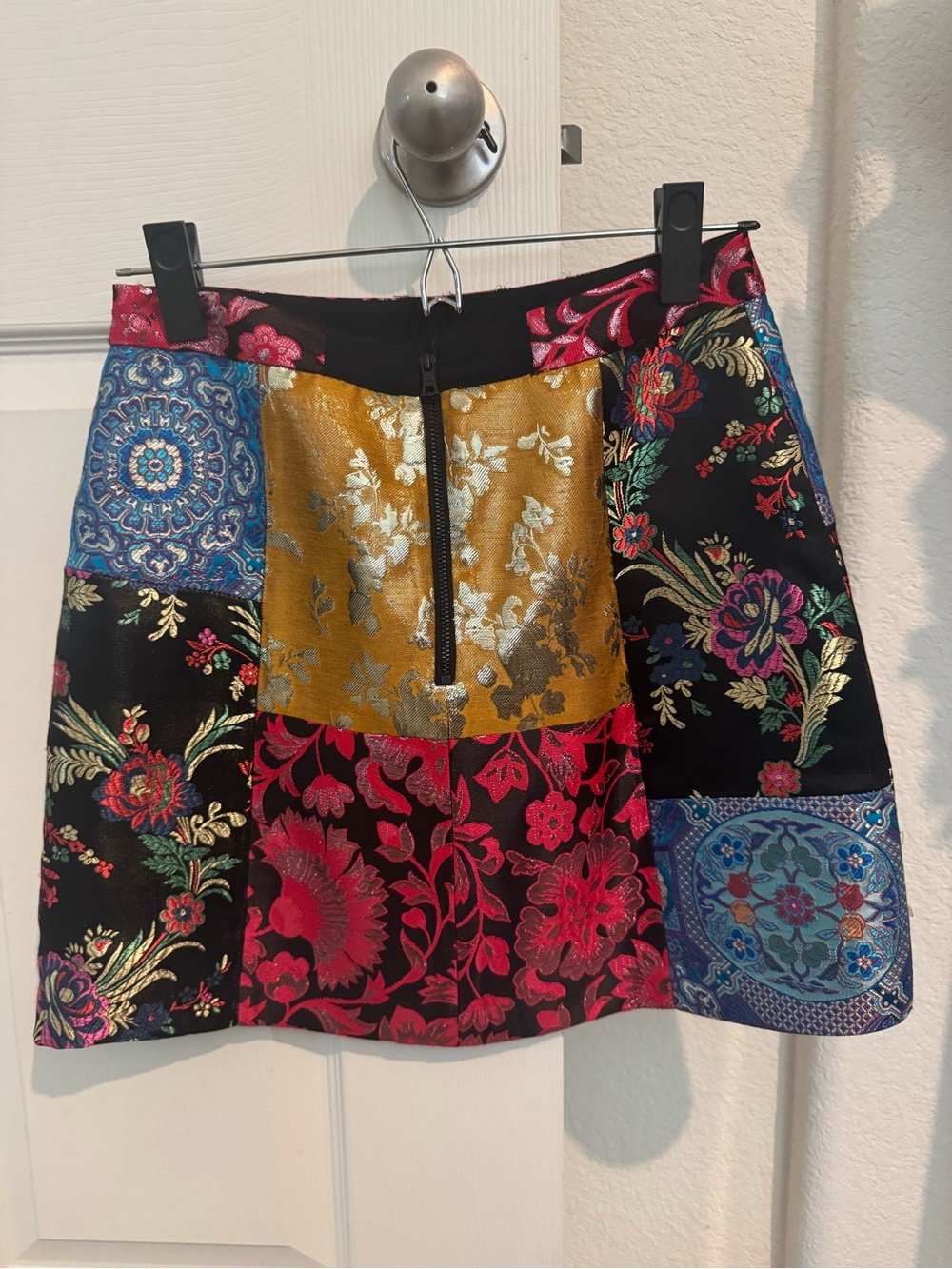 Alice + Olivia Patchwork Brocade Mini Skirt in Black, Red, Gold, Blue - Picture 4 of 7